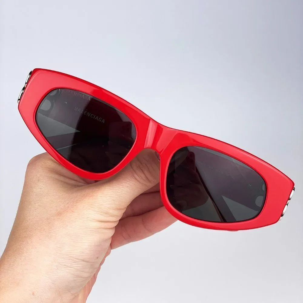 Balenciaga BB0095S 016 Sunglasses Red Silver Logo Grey Cat Eye Unisex